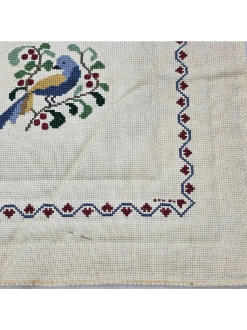 Vintage Folk Art Needlepoint Bird Pillow Top ONLY 12x12 Bluebird Floral Cottage